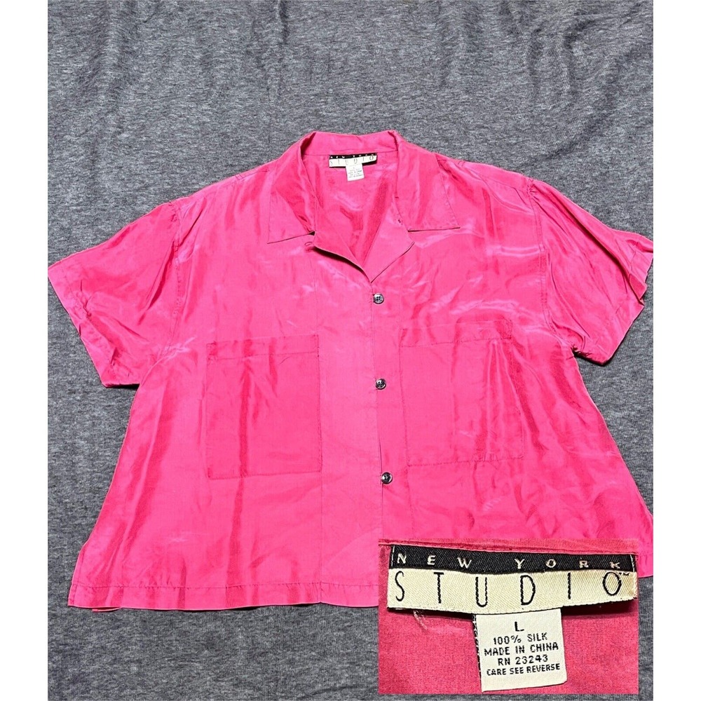 New York Studio Top Womens Large Silk Front Pockets Buttons Workcore Boxy Loose